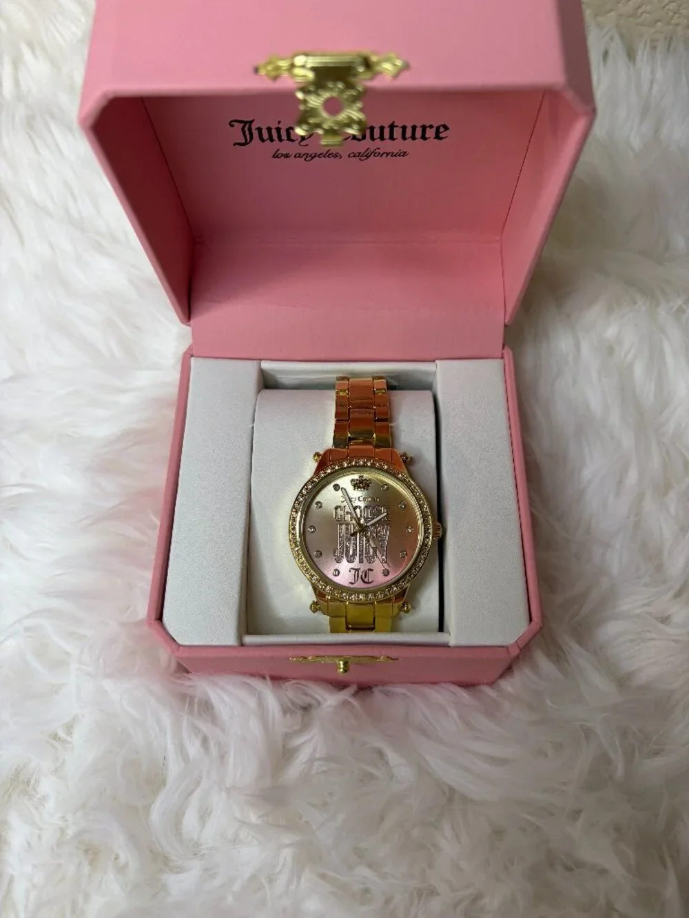 Juicy Couture Gold Tone Watch Pink Gold Ombre Dial Choose Juicy Rhinestone NWT